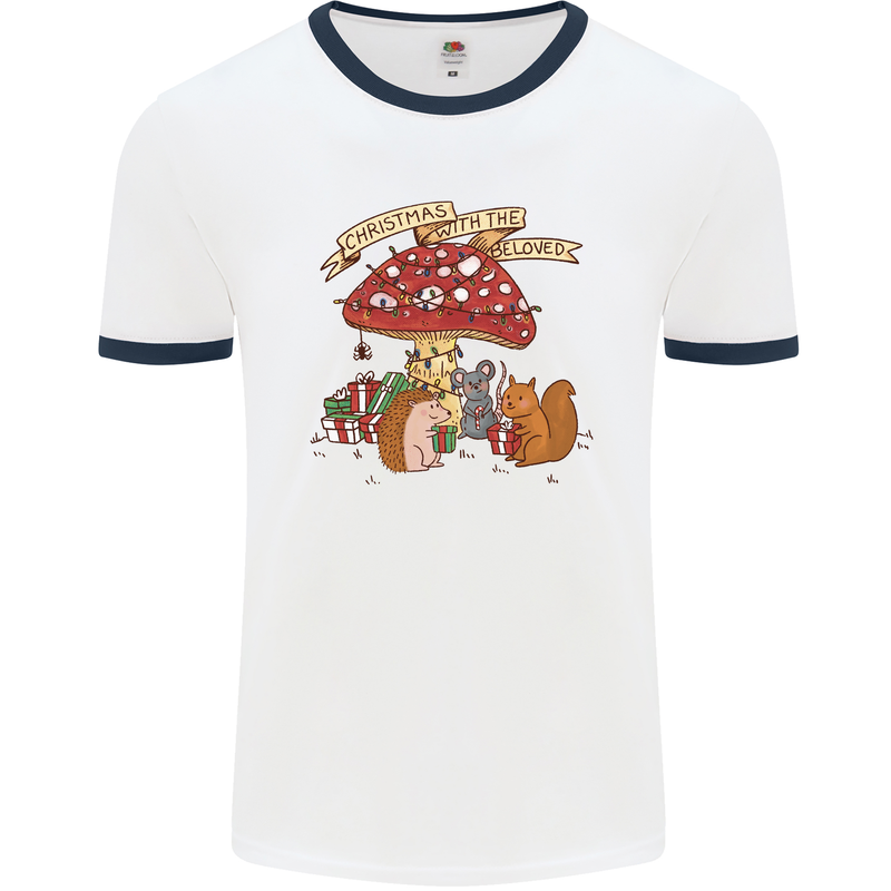 Christmas Hedgehog Toadstool Mouse Mens Ringer T-Shirt White/Navy Blue