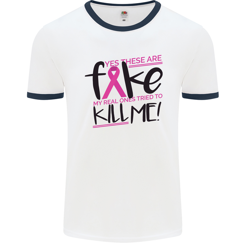 Breast Cancer Awareness Fake Boobs Mens Ringer T-Shirt White/Navy Blue