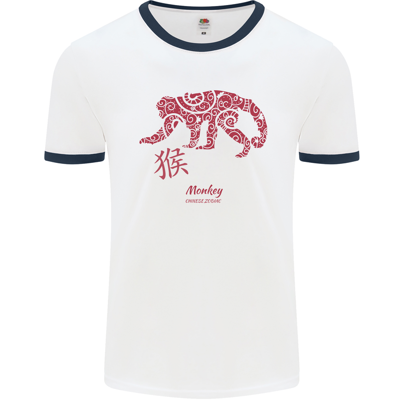 Chinese Zodiac Shengxiao Year of the Monkey Mens White Ringer T-Shirt White/Navy Blue