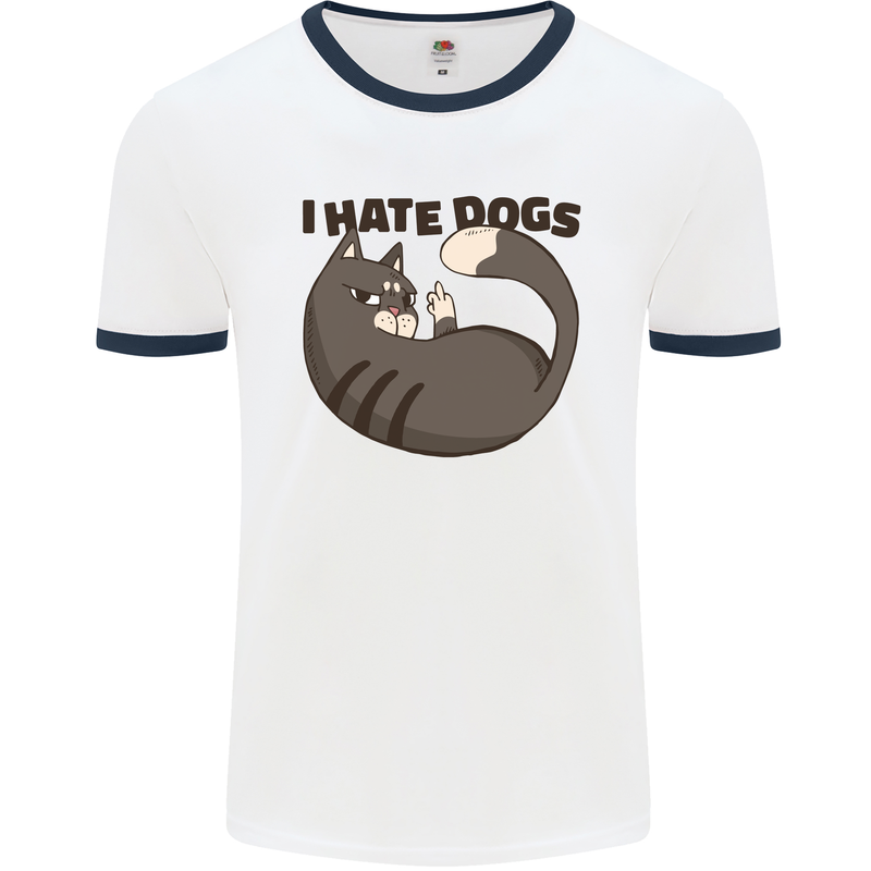 I Hate Dogs Funny Cat Lover Mens White Ringer T-Shirt White/Navy Blue