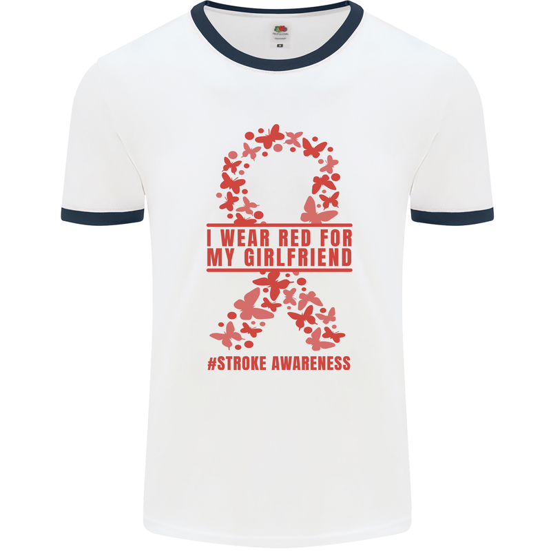 Wear Red For My Girlfriend Stroke Awareness Mens Ringer T-Shirt White/Navy Blue