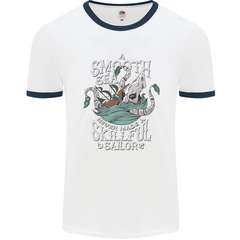 Skilful Sailor Kraken Sailing Cthulhu Mens White Ringer T-Shirt White/Navy Blue