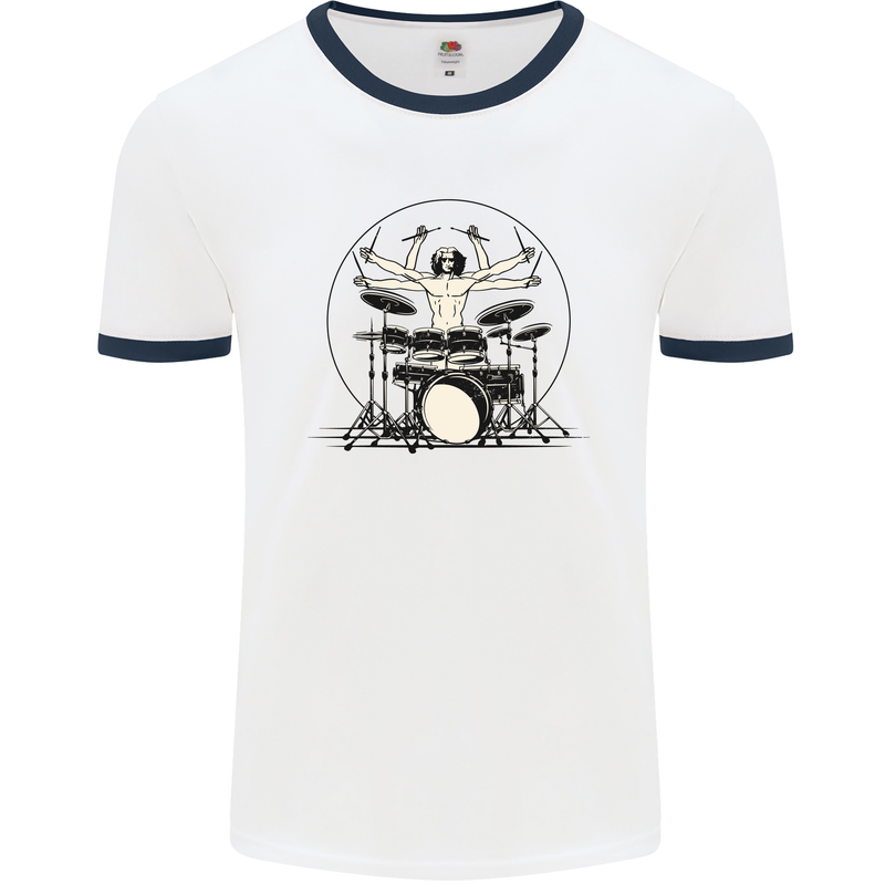 Virtruvian Drummer Funny Drumming Drum Mens White Ringer T-Shirt White/Navy Blue