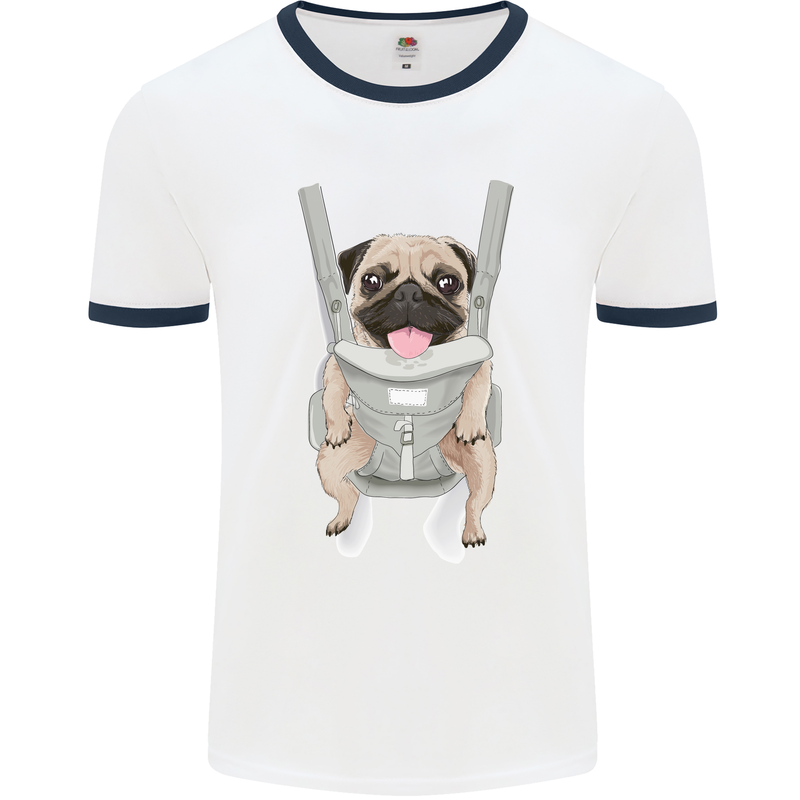 A Pug in a Baby Harness Funny Dog Mens White Ringer T-Shirt White/Navy Blue