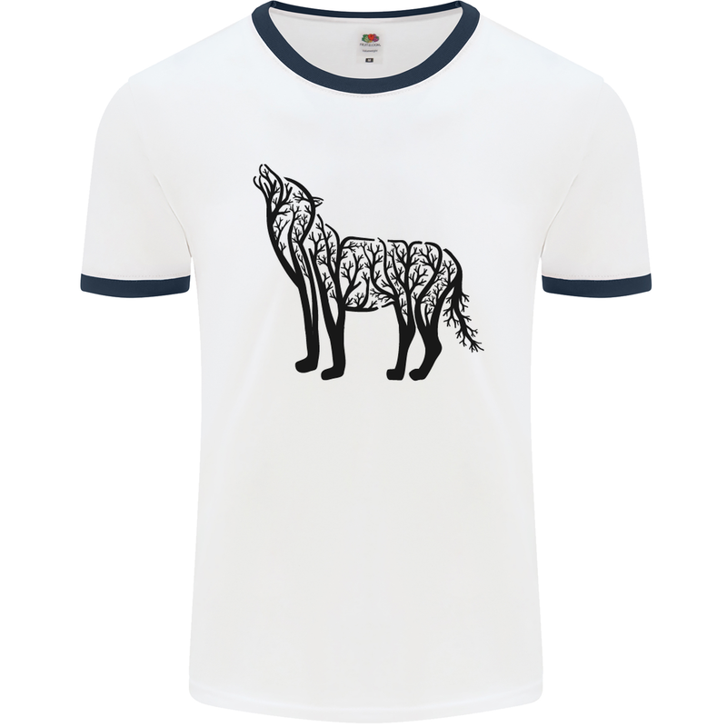 Wolf Tree Animal Ecology Mens White Ringer T-Shirt White/Navy Blue