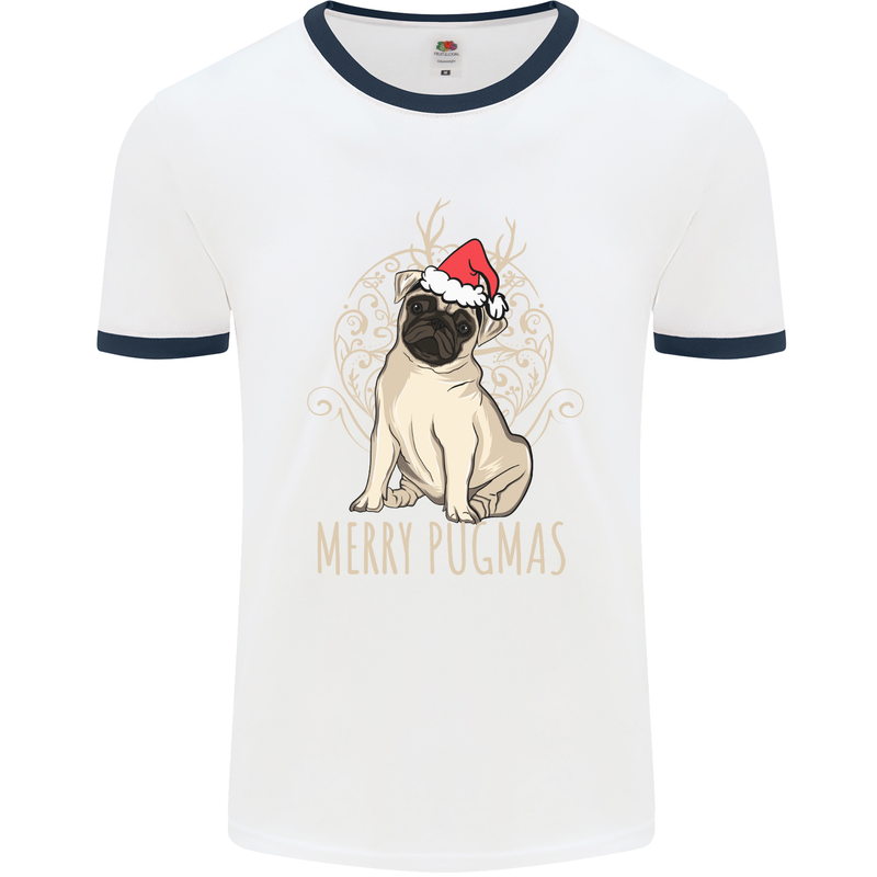 Merry Pugmas Funny Christmas Pug Mens White Ringer T-Shirt White/Navy Blue