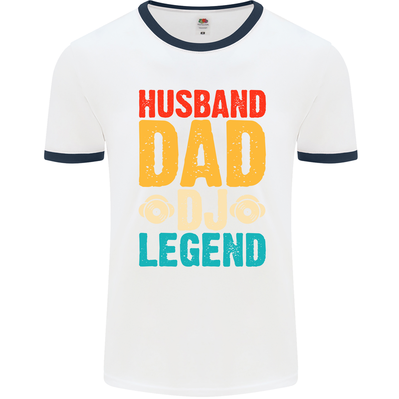 Husband Dad DJ Legend Fathers Day Mens Ringer T-Shirt White/Navy Blue