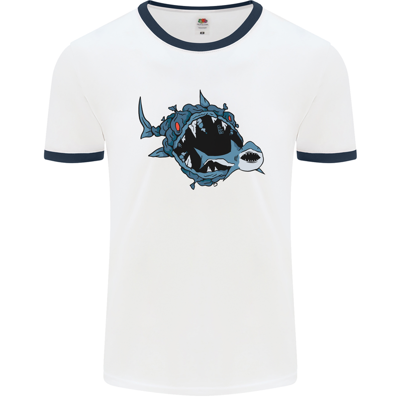 Pollution Great White Shark Climate Change Mens White Ringer T-Shirt White/Navy Blue