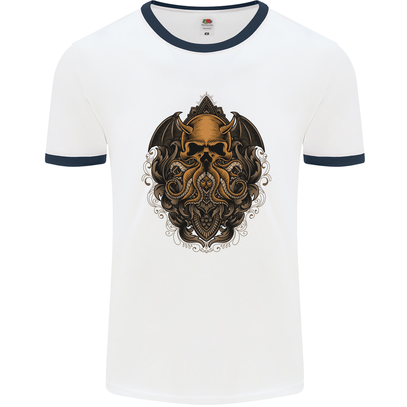 Cthulhu Octopus Kraken Devil Skull Demon Mens White Ringer T-Shirt White/Navy Blue