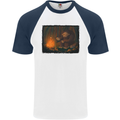 Bigfoot Camping and Cooking Marshmallows Mens S/S Baseball T-Shirt White/Navy Blue