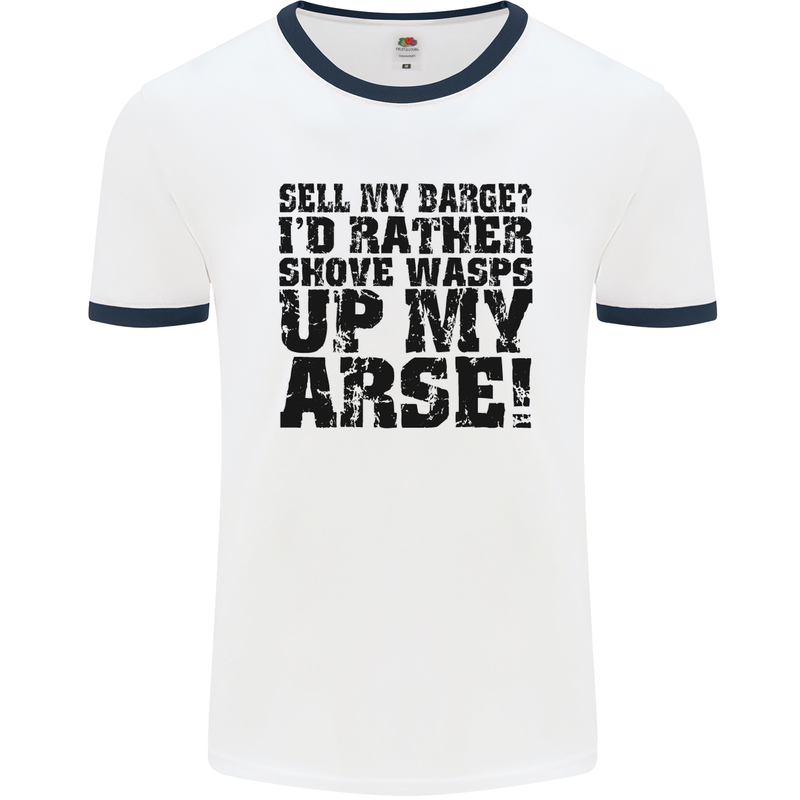 Sell My Barge? Long Narrow Boat Speedboat Mens White Ringer T-Shirt White/Navy Blue