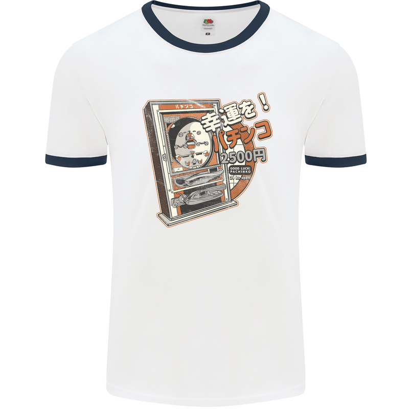 Pachinko Machine Arcade Game Pinball Mens White Ringer T-Shirt White/Navy Blue