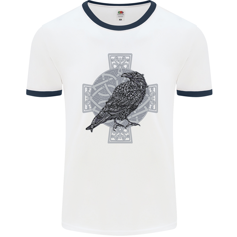 Odin Celtic Raven Viking Tattoo Cross Runic Mens White Ringer T-Shirt White/Navy Blue