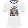 Turn It Up Monkey DJ Headphones Music Mens White Ringer T-Shirt White/Navy Blue