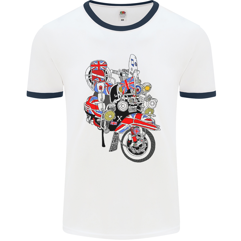 Union Jack MOD Scooter British Flag Bike Mens White Ringer T-Shirt White/Navy Blue