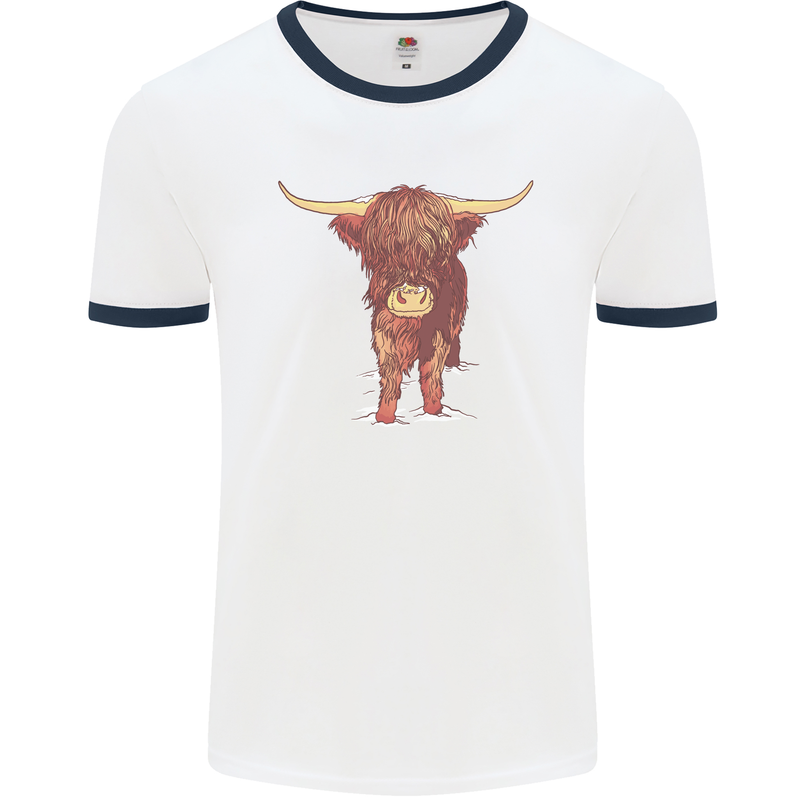 Highland Cattle Cow Scotland Scottish Mens White Ringer T-Shirt White/Navy Blue