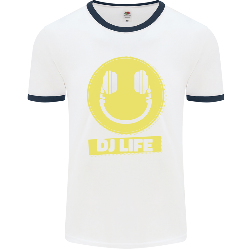 Headphones DJ Life Acid Face Vinyl Decks Mens White Ringer T-Shirt White/Navy Blue