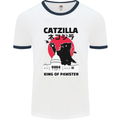 Catzilla Funny Cat Parody Mens White Ringer T-Shirt White/Navy Blue