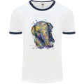 Elephant Hand Drawn Watercolour Mens White Ringer T-Shirt White/Navy Blue