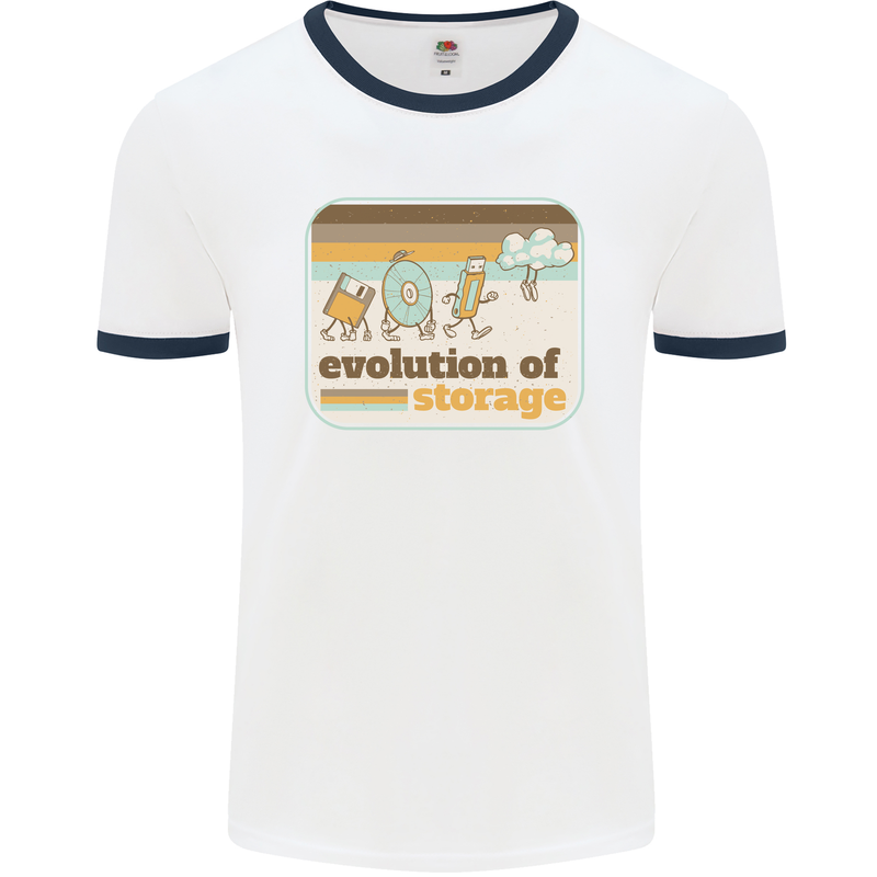 Storage Evolution Retro CD HD Drive USB Stick Mens White Ringer T-Shirt White/Navy Blue