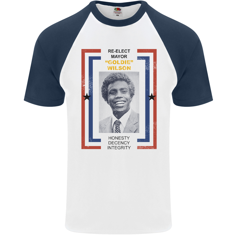 Re-Elect Mayor Goldie Wilson 80's Movie Mens S/S Baseball T-Shirt White/Navy Blue