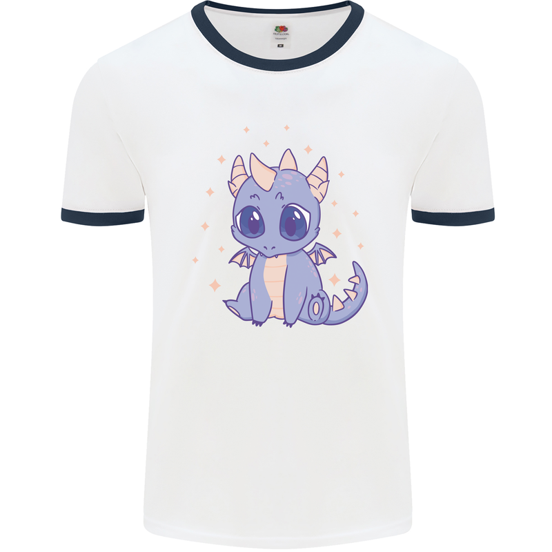 Cute Kawaii Baby Dragon Mens White Ringer T-Shirt White/Navy Blue