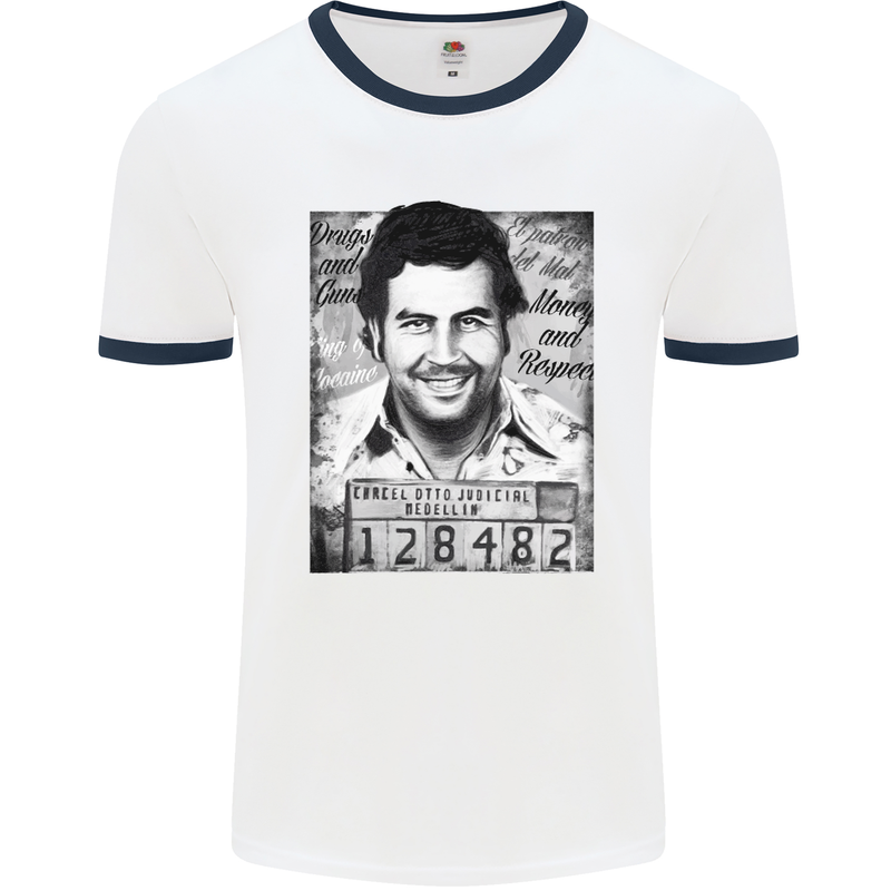 Pablo Escobar Mug Shot Mens White Ringer T-Shirt White/Navy Blue