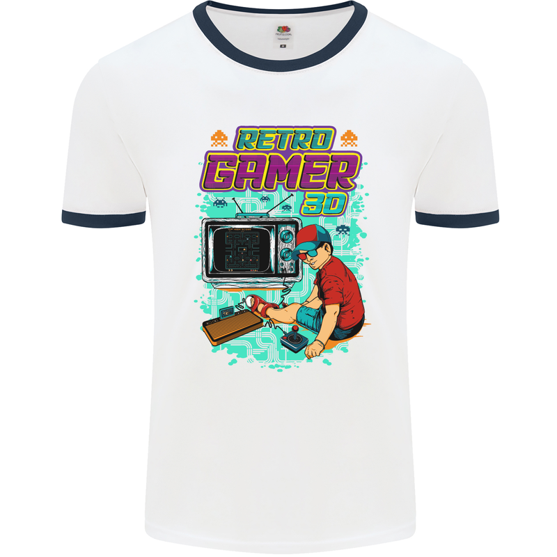 Retro Gamer Arcade Games Gaming Mens White Ringer T-Shirt White/Navy Blue