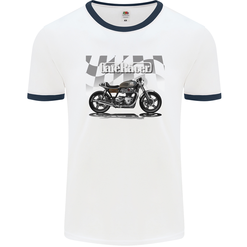 Cafe Racer Motorbike Motorcycle Biker Mens White Ringer T-Shirt White/Navy Blue