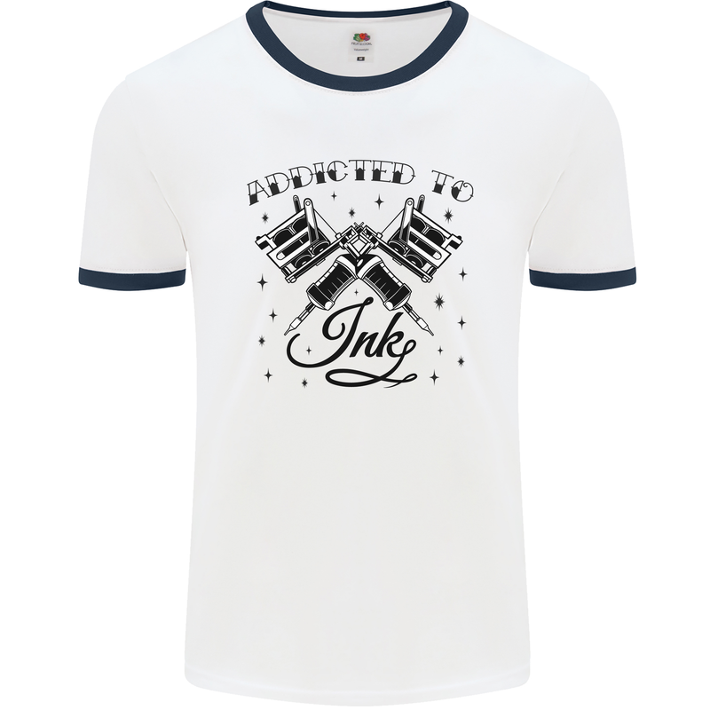 Addicted to Ink Tattoo Artist Tats Mens Ringer T-Shirt White/Navy Blue