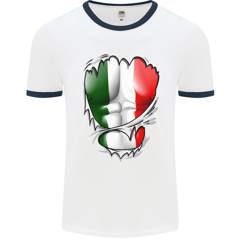 Gym Italian Flag Ripped Muscles Italy Mens White Ringer T-Shirt White/Navy Blue