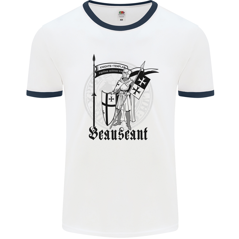 Knights Templar Beauseant St Georges Day Mens White Ringer T-Shirt White/Navy Blue