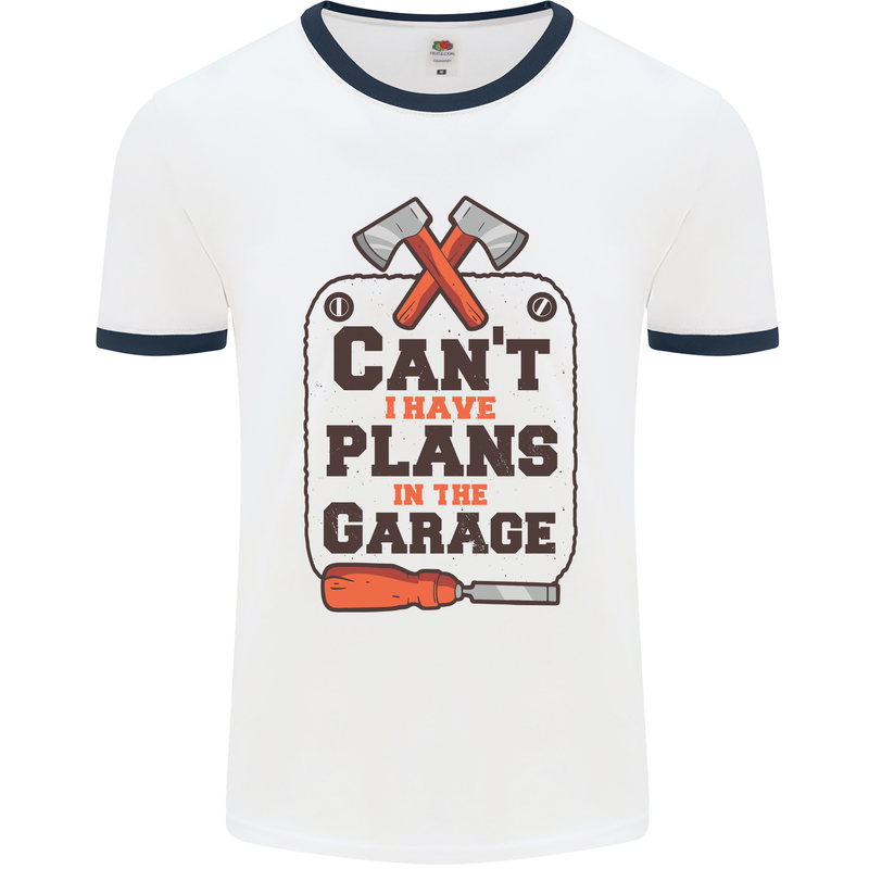 Plans In the Garage Carpentry DIY Tradesman Mens White Ringer T-Shirt White/Navy Blue