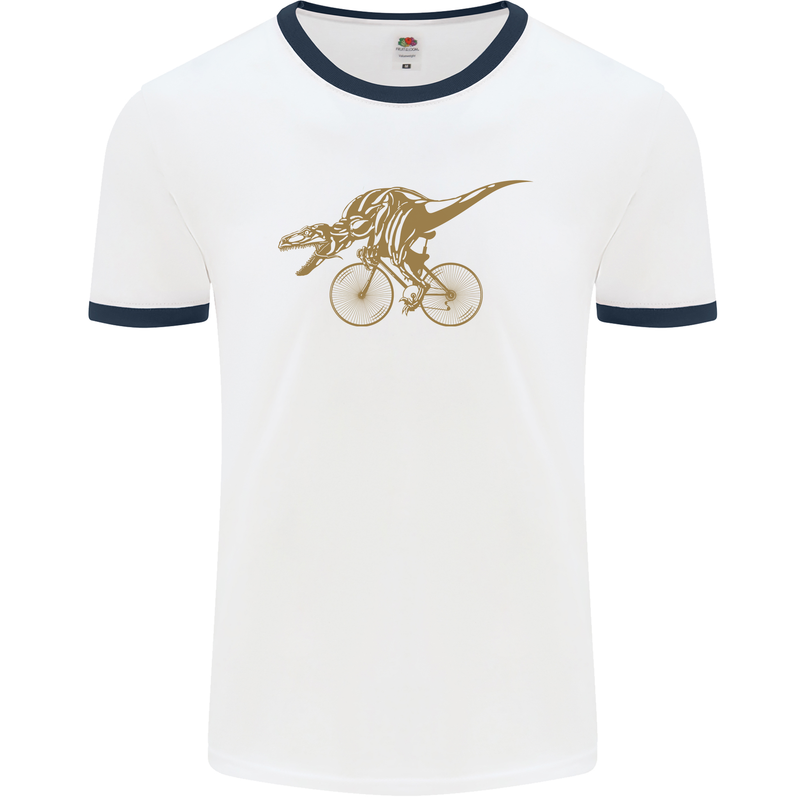 T-Rex Dinosaure Riding a Bicycle Cycling Mens White Ringer T-Shirt White/Navy Blue