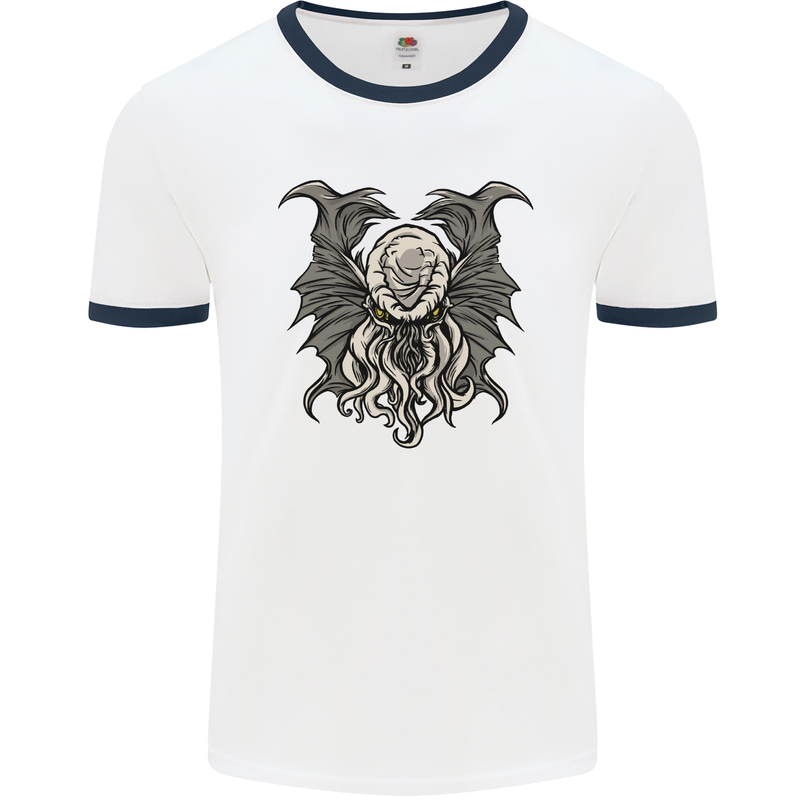 Cthulhu Entity Kraken Mens White Ringer T-Shirt White/Navy Blue