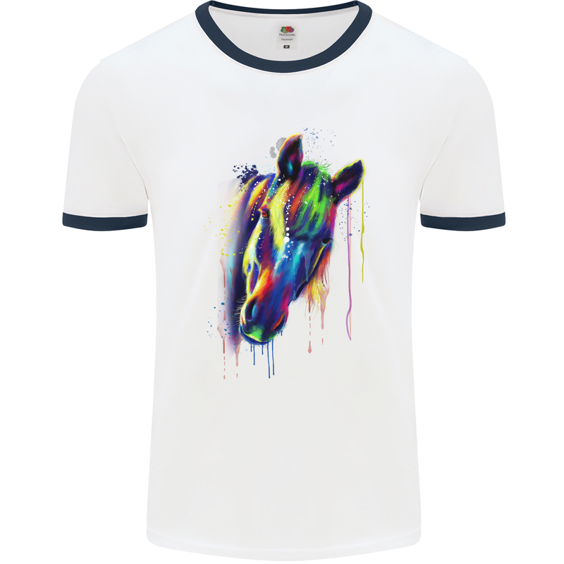 Watercolour Horse Mens White Ringer T-Shirt White/Navy Blue