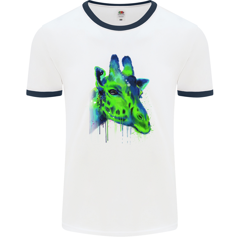 Giraffe Watercolour Mens White Ringer T-Shirt White/Navy Blue