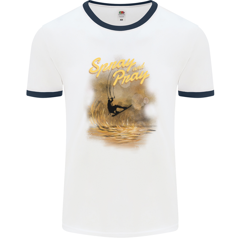 Kitesurfing Spray and Pray Mens Ringer T-Shirt White/Navy Blue