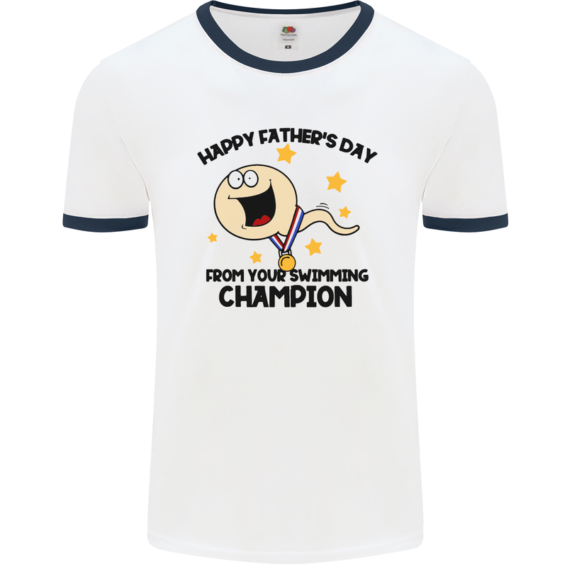 Swimming Champion Funny Fathers Day Dad Mens Ringer T-Shirt White/Navy Blue