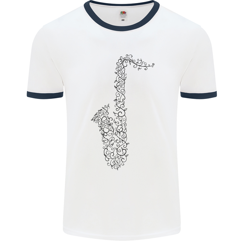 A Saxaphone Musical Instrument Brass Band Mens White Ringer T-Shirt White/Navy Blue