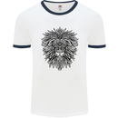 Mandala Lion Mens White Ringer T-Shirt White/Navy Blue