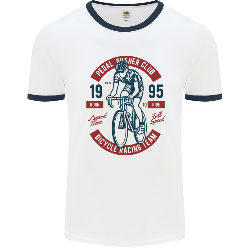 Pedal Pusher Club Cycling Cyclist Funny Mens White Ringer T-Shirt White/Navy Blue