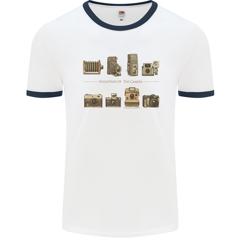 Photography Camera Evolution Photograper Mens White Ringer T-Shirt White/Navy Blue