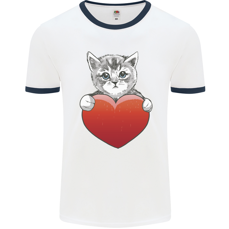 A Cute Cat With a Heart Love Valentines Day Mens Ringer T-Shirt White/Navy Blue