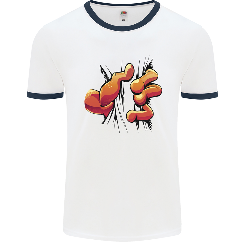 Frog Hand Scrunching Material Mens Ringer T-Shirt White/Navy Blue