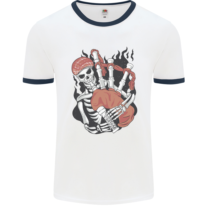 Bagpipes Skeleton Mens Ringer T-Shirt White/Navy Blue