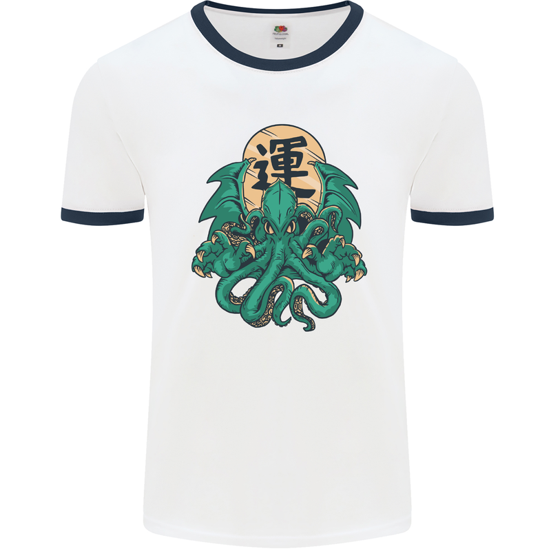 Cthulhu Monster Kraken Mens White Ringer T-Shirt White/Navy Blue