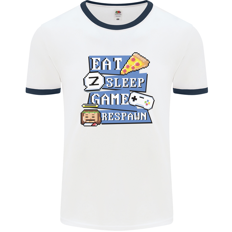 Gaming Eat Sleep Game Respawn Gamer Arcade Mens White Ringer T-Shirt White/Navy Blue