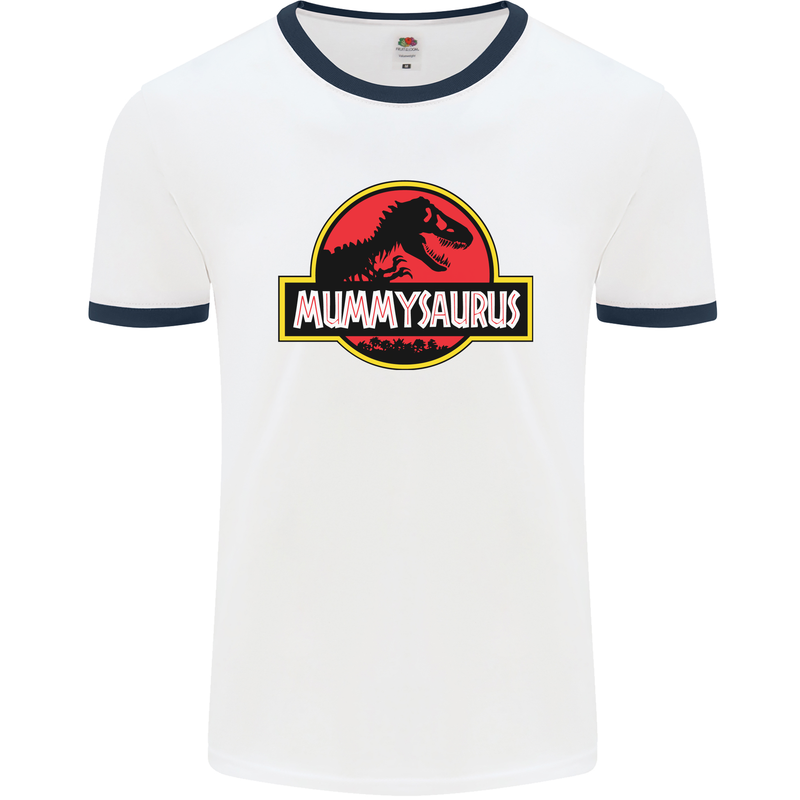 Mummysaurus Funny Mother's Day Mummy Mens White Ringer T-Shirt White/Navy Blue