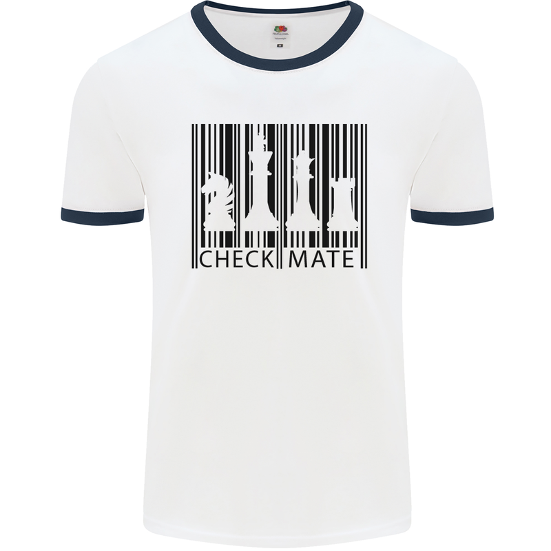 Chess Barcode Player Mens White Ringer T-Shirt White/Navy Blue